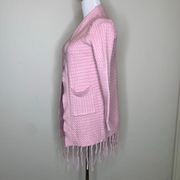 Pink Cable Knit Boho Long Cardigan Duster Sz ? Small Fringe - Picture 3 of 7